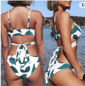 Cupshe Women Leaf Print White/Green Two Piece Bikini Set Size M New - Picture 1 of 8
