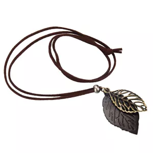 Mens Vintage Surfer Rock Pendant Leather Cord Long Choker Leaf Necklace - Black - Picture 1 of 10