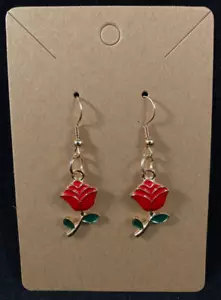 Single Red Rose Earrings - Dangle - Gold Hook - Handmade - Picture 1 of 3