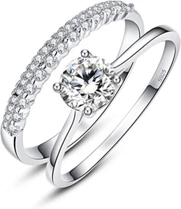 925 Silver round cut solitaire created diamond Ring Set/ Comes in a Box / - Picture 1 of 5