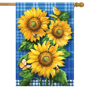 Blue Sunflowers Summer House Flag Plaid Floral 28" x 40" Briarwood Lane - Picture 1 of 4