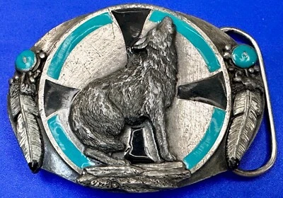 Pluma de lobo aullador piedra turquesa nativo americano 1983 Siskiyou hebilla de cinturón Foto 1 de 4