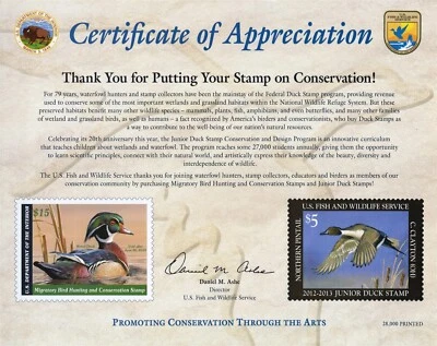 US Duck Stamp 2012 Certificate of Appreciation Card RW79 JDS20 ZAYIX 0625L0061M - Image 1 of 2