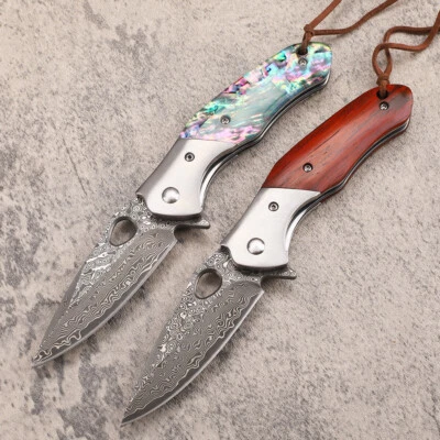 7.5'' New Fast Opening WoodHandle VG10 Damascus Blade Pocket Folding Knife VTF43 - Image 1 of 4