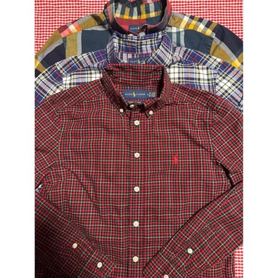 批量 3 件 Ralph Lauren 儿童格子纽扣衬衫 自然弹力 M 10 12 码 — 第 1/4 张图片