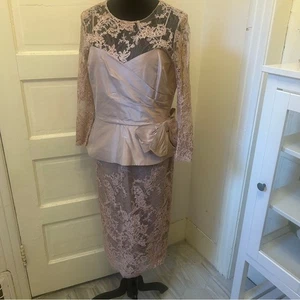 Rickie Freeman Teri Jon Satun Lace Overlay Peplum Midi Dress Blush Bow Wedding - Bild 1 von 12