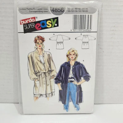 Burda 4856 Misses Loose Hooded Belted Hip Length Jacket 10-20 Uncut Easy Pattern - Image 1 of 2