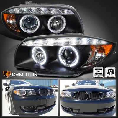 Black Fits 2007-2013 BMW E81 E82 E88 E87 LED Halo Projector Headlights Lamps - Imagem 1 de 4
