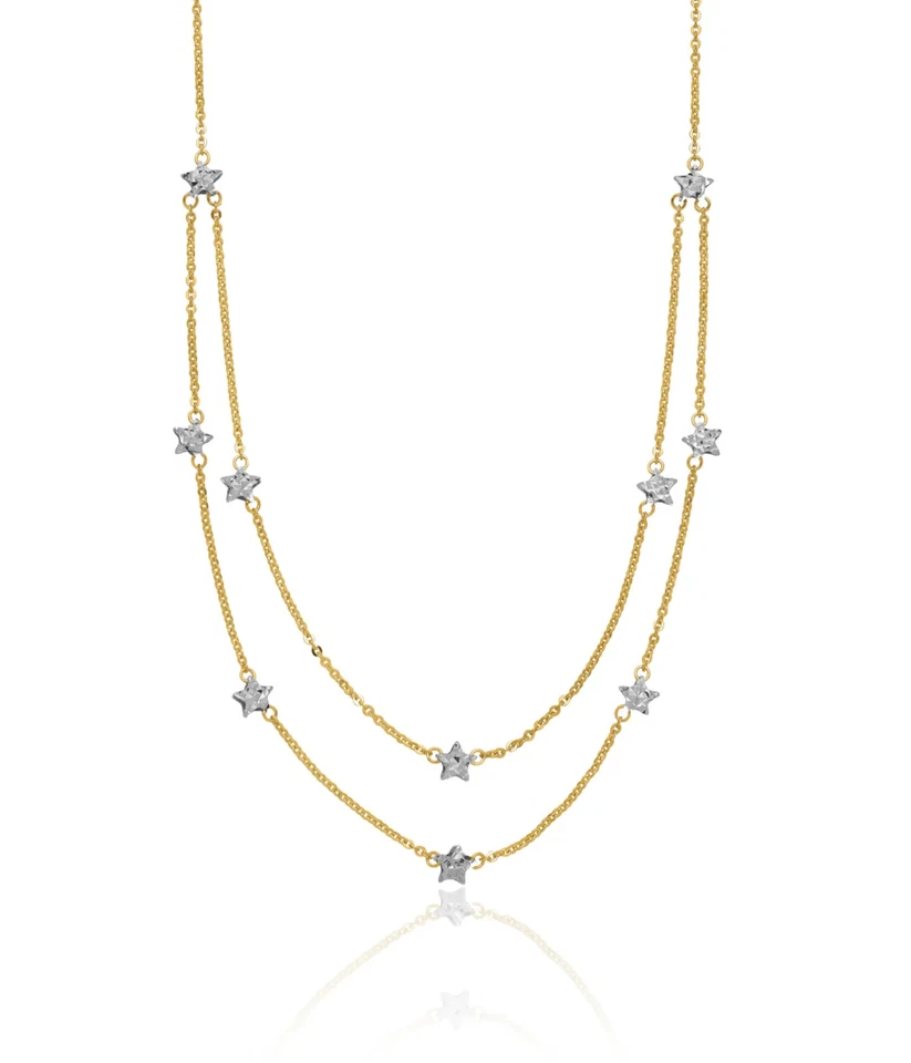 14K Solid Two Tone Gold Double Chain Star Layering Necklace - Image 1 of 4