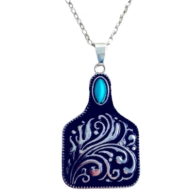 Мужской Western корова ярлык подвеска ожерелье серебристого тона с бирюзовый цвет акцент - Изображение 1 из 4