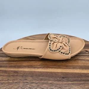 B Makowsky Sandals Womens 7 M Beige Leather Flower Bow Studded Slip On Slides - Picture 1 of 8