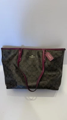 Coach Signature Tote Bag Burgundy Trim Brown Canvas Purse – Needs Repair - Image 1 of 4