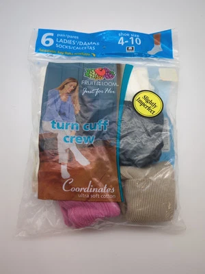 Vintage 6 Pairs Fruit of the Loom Ladies Turn Cuff Crew Socks Size 4-10 Cotton - Image 1 of 4