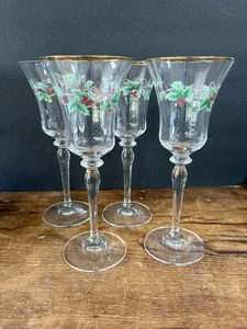 Mikasa Ribbon Holly 9" Christmas Crystal Goblet Glass Set of 4 - Picture 1 of 7