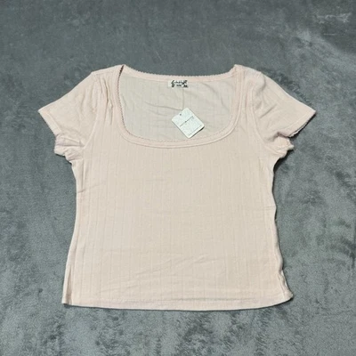 全新带标签 Free People Intimely End Game Pointelle 婴儿 T 恤桃色灰尘 S — 第 1/4 张图片