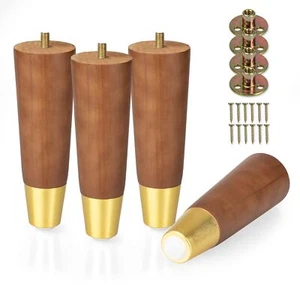 Wooden Furniture Legs Gold Footing Set Of 4 Brown 6 Inch Tapered Replacement Fur - Picture 1 of 7