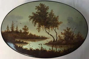 Vintage Fedoskino handbemalte kleine Lackdose, Flussszene mit COA - Bild 1 von 6
