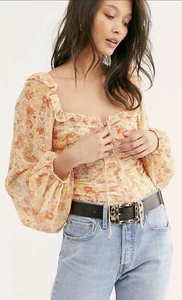 Free People NWT Mabel Floral Printed Blouse With Ruffles in Spring Combo Size L - Picture 1 of 14