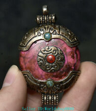 2.2‘’ Rare Ancient Tibet Buddhism Temple Silver Inlay Pink Jade Pendant Amulet