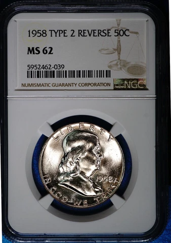 1958-P Franklin Half Dollar Silver NGC MS62, Looks Like 64, Type 2 Reverse, 039 Cover