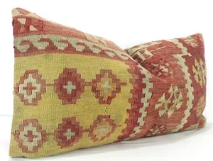 Red Yellow Decorative Turkish Kilim Lumbar Pillow Cover 12x24 Kilim Sofa Cushion - Picture 1 of 9