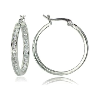 Sterling Silver Cubic Zironia Channel Set Inside-Out 25mm Hoop Earrings - Picture 1 of 4
