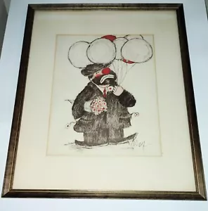 Clown picture with glass and frame 21.5 x 17.5 Arthur Swartz lot 3 ballons - Picture 1 of 5