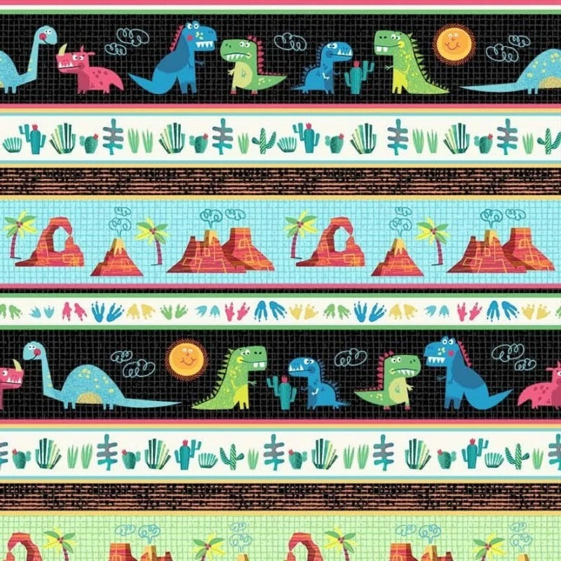 Playful Dinosaur Michael Miller  Cotton Fabric Border Stripe By the Yard   - Image 1 of 1