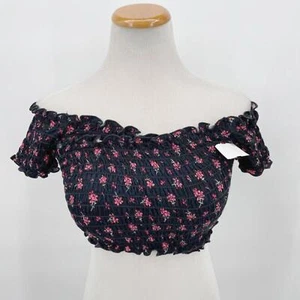 Women's Free People Floral Off Shoulder Crop Black Pink Top L - Picture 1 of 5
