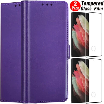 Purple For Samsung Galaxy S21 Ultra 5G Leather Case Wallet Cover Tempered Glass - Image 1 of 4