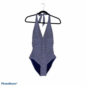 NWT Gap Body Factory Navy Stripe Halter One Piece Swimsuit size Large - Picture 1 of 12