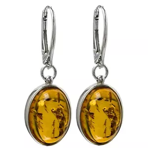 925 Solid Sterling Silver Honey Baltic Amber Beautiful Oval Leverback Earrings - Picture 1 of 3