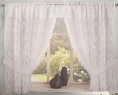 Victorian Floral White Lace Window Net Curtain Set Attached Pelmet Free Tiebacks - Image 1 of 2