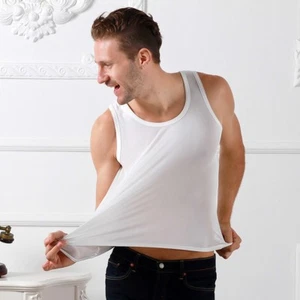 Men's Pure Silk Tank Top Vest Sleeveless Knitted Leisure Crew Neck Soft White - Picture 1 of 15
