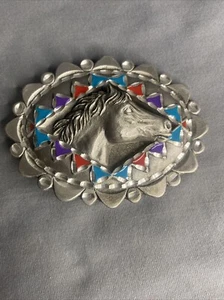 Vintage 1996 Pferdekopf Zinn Gürtelschnalle GAP oval türkis lila rot - Bild 1 von 6
