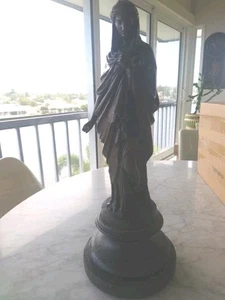 Old Metal Spelter Woman Statue Draped Up Called "Tracedie" Wooden Base - Picture 1 of 11
