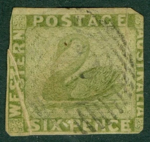 SG 28 Western Australia 1860. 6d sage-green. Very fine used with printing flaw.. - Picture 1 of 2