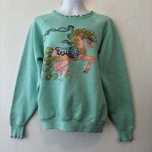 Vintage handbemaltes Sweatshirt Damen großes Karussell Pferd Strass Pony - Bild 1 von 9