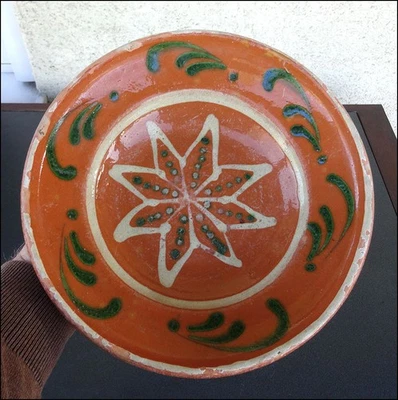 PLAT A AILE ANCIEN TERRE CUITE VERNISSEE ALSACE SOUFFLENHEIM ART POPULAIRE XIXe - Photo 1/2