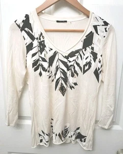 Tahari Size Small 3/4-Sleeve V-neck Top Lightweight Cotton Ivory Abstract - Imagen 1 de 10