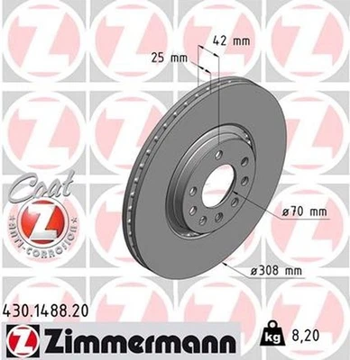 Rotor de freno de disco Zimmermann 430.1488.20 estándar Coat Z para 99-04 Saab 9-3 9-5 Foto 1 de 4