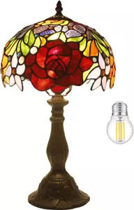 Tiffany Style Table Lamp Stained Glass Bedside Lamp Red Rose Desk Reading Light - Picture 1 of 9