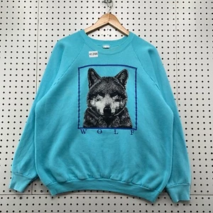 VTG 90s Wolf Nature Crewneck Sweatshirt Mens Large Blue Outdoor Made USA 23x24.5 - Picture 1 of 17