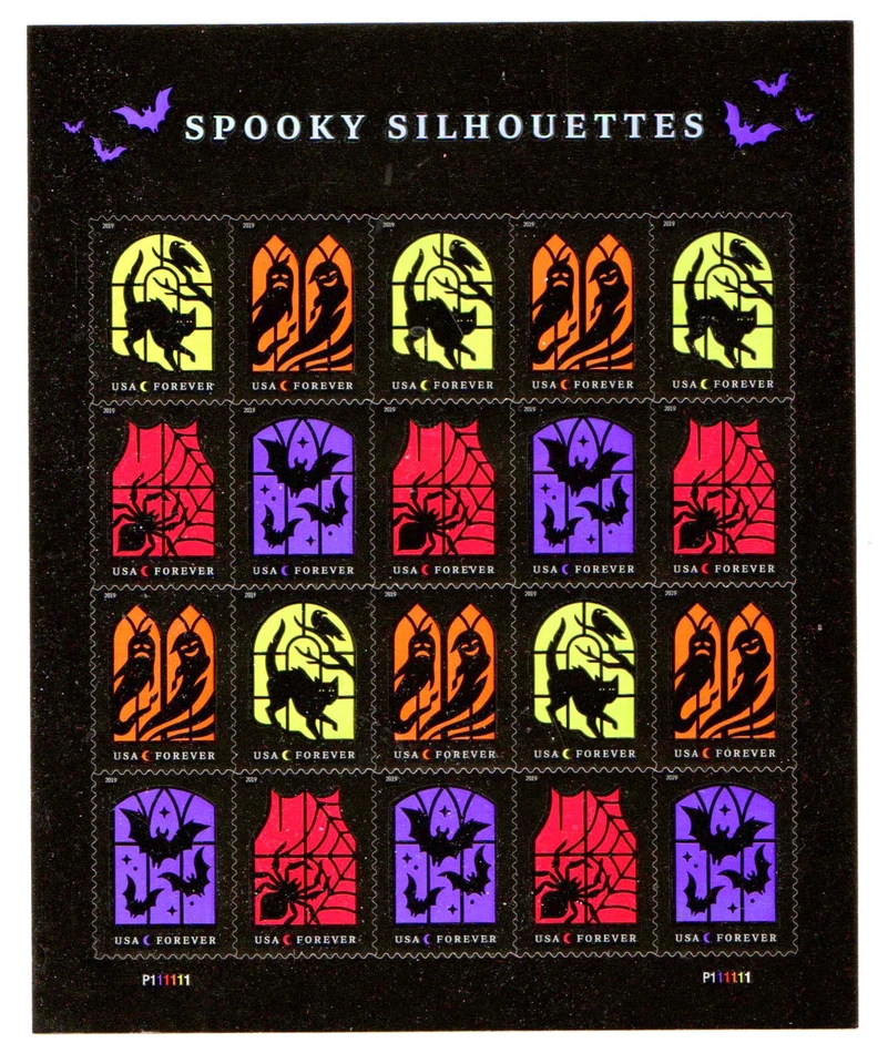NEW SHEET OF 20 HALLOWEEN US FOREVER 2019 POSTAGE STAMPS SPOOKY SILHOUETTES - Image 1 of 1