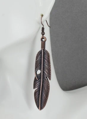 dark copper feather earrings dangle metal feather lightweight 3" long antiqued - Image 1 of 4