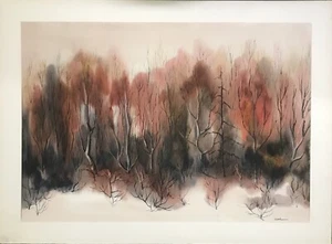 BEAUTIFUL ARTWORK OF RED FOREST/TREES LANDSCAPE SIGNED WANK - Picture 1 of 5