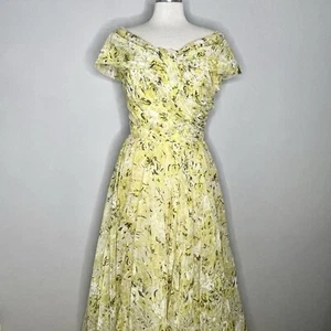 EMMA DOMB Vintage 1950’s Floral Print Off Shoulder Chiffon Gown Maxi Dress - Picture 1 of 10