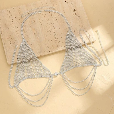 Sujetador de cadena brillante para mujer Bralette lencería joyería corporal arnés de pecho dorado Foto 1 de 4