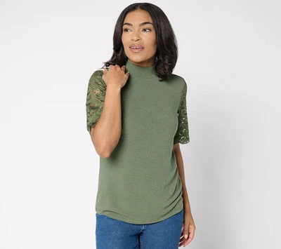 HERMOSO Top de cuello alto con mangas de encaje verde salvaje 3X de Lawrence Zarian Foto 1 de 2