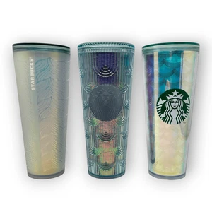 Lot of 3 Starbucks Tumbler Cold Cup 24 oz Teal Mermaid Siren Iridescent No Straw - Picture 1 of 16